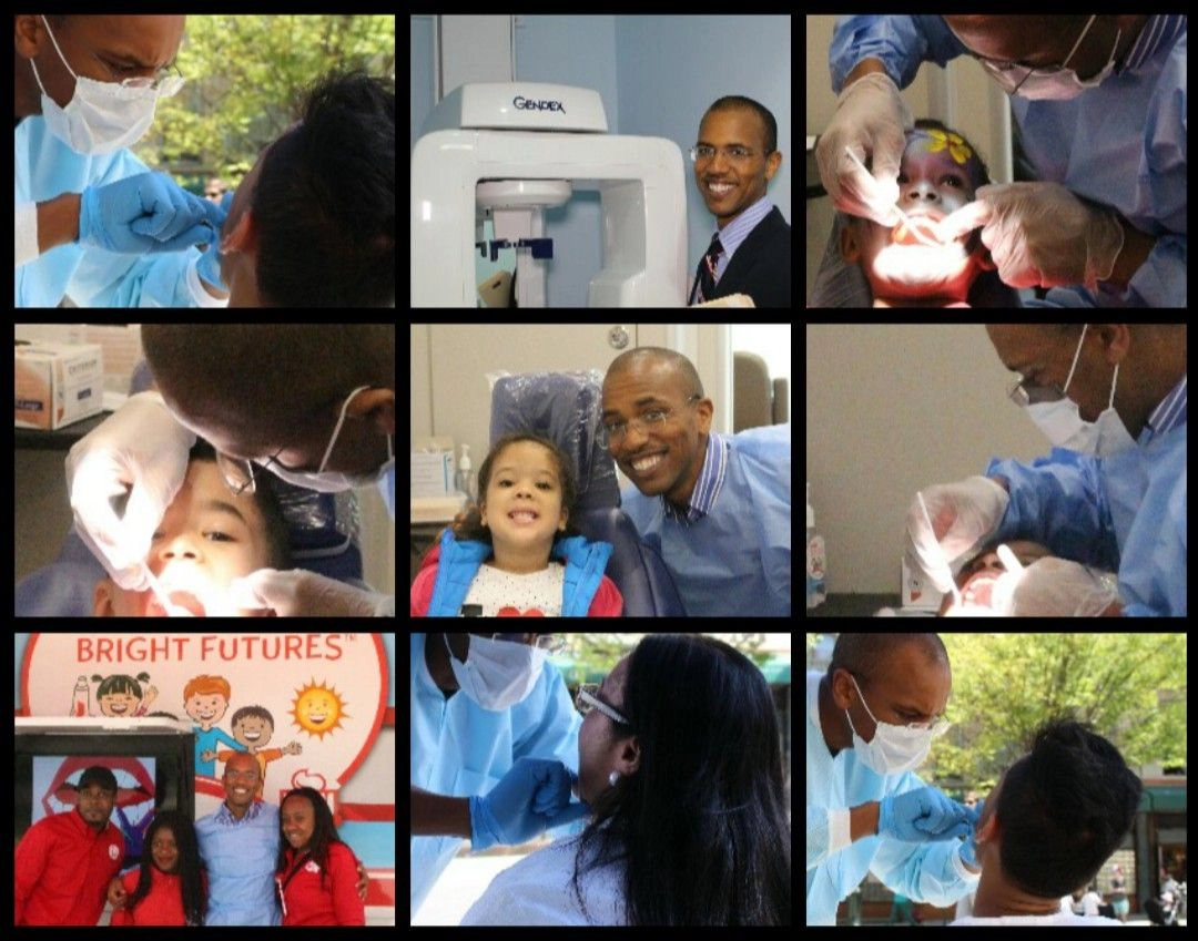 Collage of Dr. Shirley providing free dental screenings, children's exams, and community outreach events